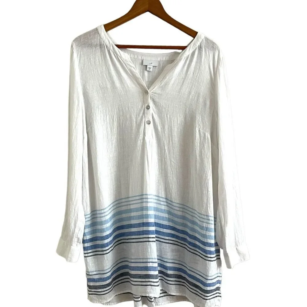 J Jill Linen Tunic Top M White Blue Striped - Picture 2 of 12